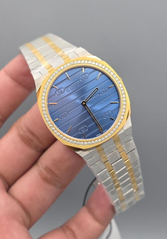Gucci 25H Two-Tone Steel & Gold / Blue GG Stripe Dial Super Clone